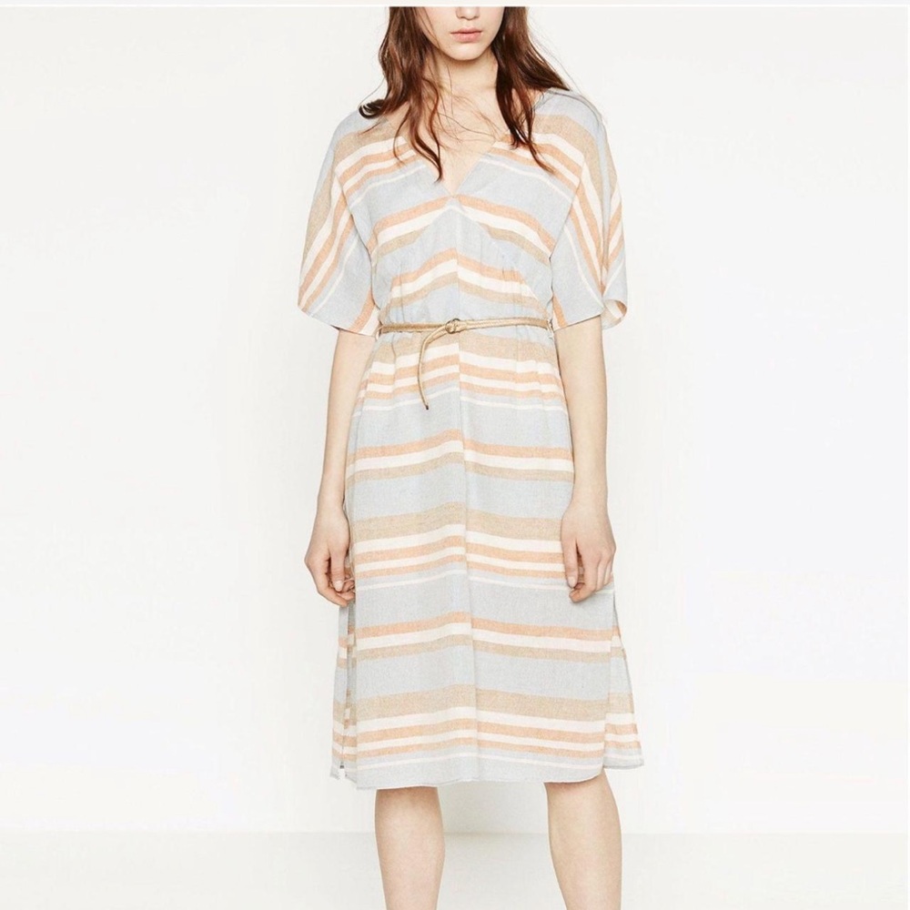 Zara Striped V-Neck Dress with Belt